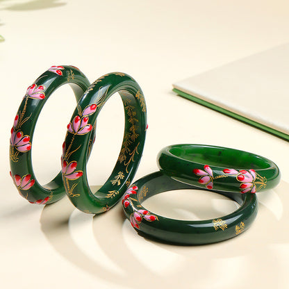 Blooming Splendor Hetian Jasper Bangle, Spinach Green Carved Bangle, Multiple Sizes Available