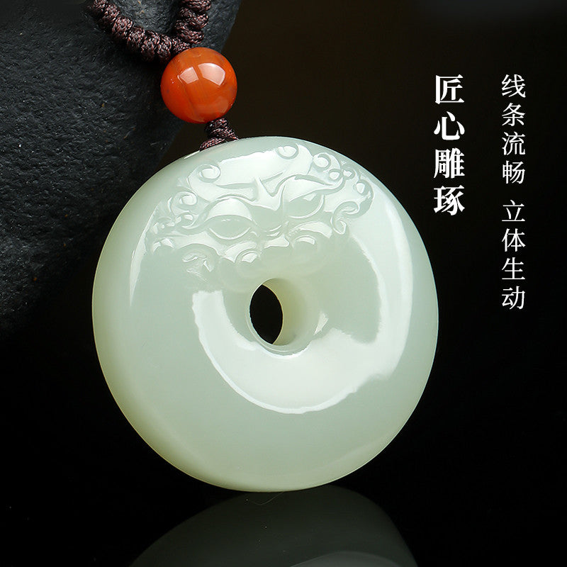 Smooth & Worry-free | Hetian Jade Pixiu Head Safety Buckle Pendant, Unisex Auspicious Beast Jade Charm with Braided Cord for Gift