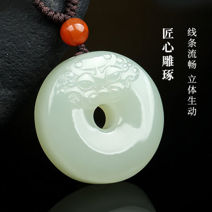 Smooth & Worry-free | Hetian Jade Pixiu Head Safety Buckle Pendant, Unisex Auspicious Beast Jade Charm with Braided Cord for Gift