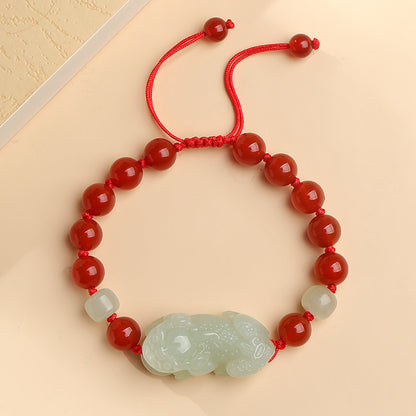 Adjustable Single-row Hetian Jade Pixiu Bracelet for Men & Women, With Certificate