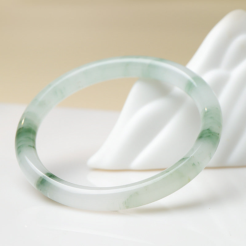 Icy Green Floating Strip Quartzite Bangle, Tianshan Cui Round Bar Jade Bracelet
