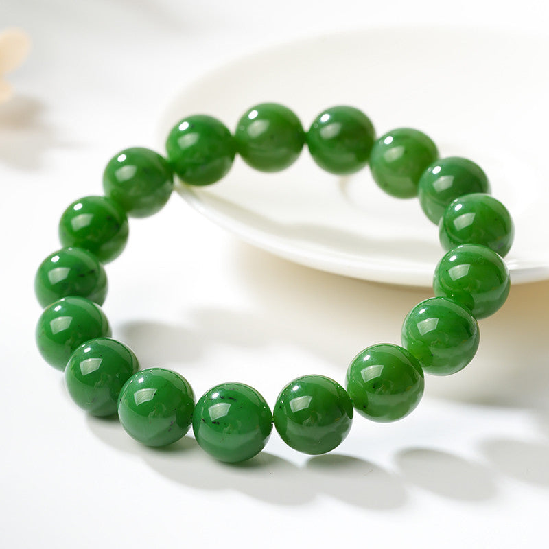 Unisex Spinach Green Hetian Jasper Round Bead Single-loop Bracelet