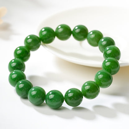 Unisex Spinach Green Hetian Jasper Round Bead Single-loop Bracelet