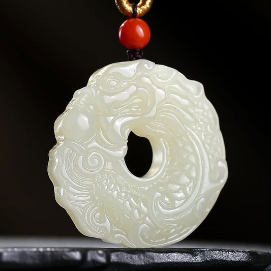 Double-Sided Carved Dragon-Fish Hetian Jade Pendant, Unisex Zodiac Dragon Jade Charm