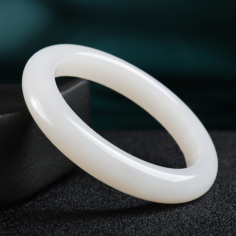 Women's Hetian White Jade Bangle, Moist White Round Jade Bracelet, With Certificate