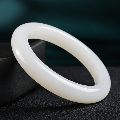 Women's Hetian White Jade Bangle, Moist White Round Jade Bracelet, With Certificate
