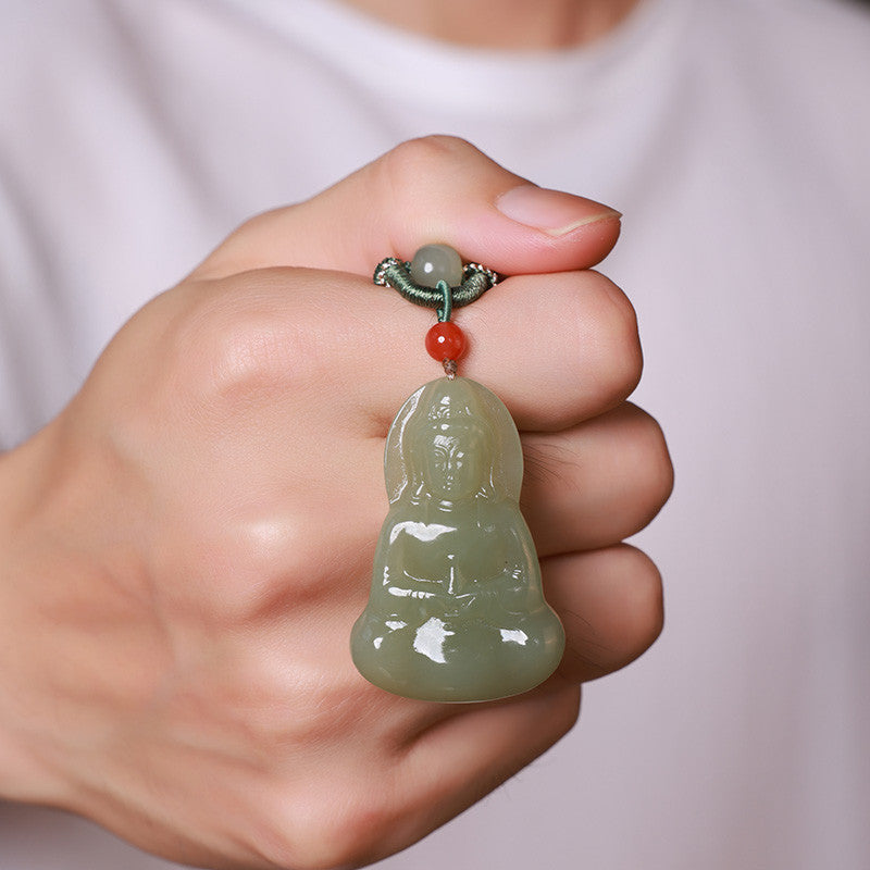 Double-Side Carved Pale Cyan Hetian Jade Sitting Guanyin Pendant, Unisex Lotus Throne Jade Charm