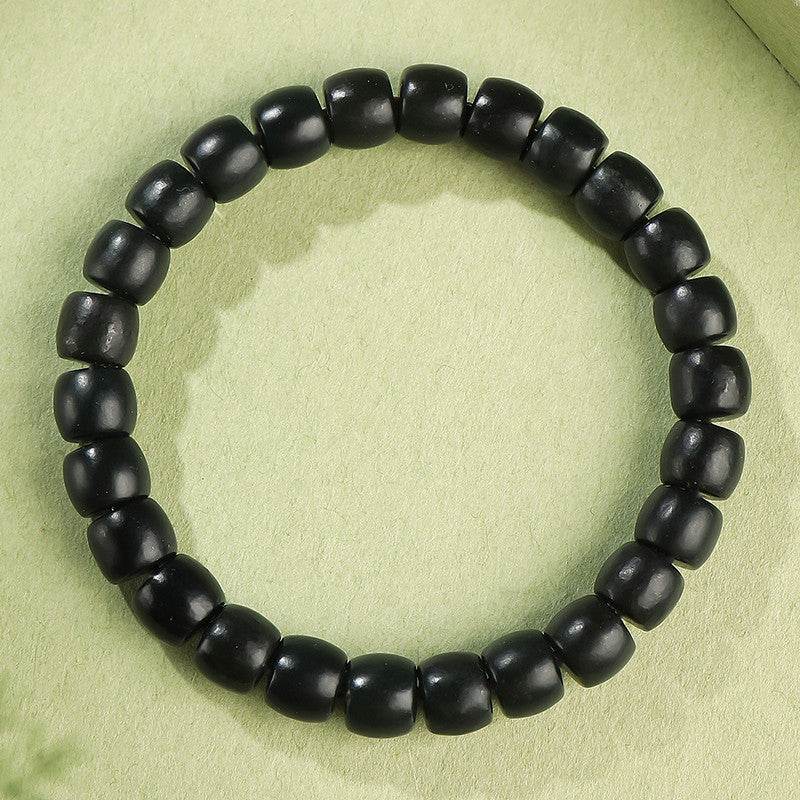 Dark Green Hetian Jade Straight Cut Old-type Bead Bracelet, Unisex Single Loop Beaded Bracelet
