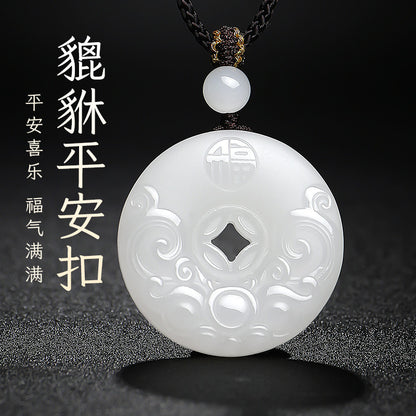 Hetian Jade Pixiu Fortune Plaque & Safety Buckle Pendant, Unisex Jade Charm for Peace & Joy, Holiday Gift with Certificate & Collectible Value