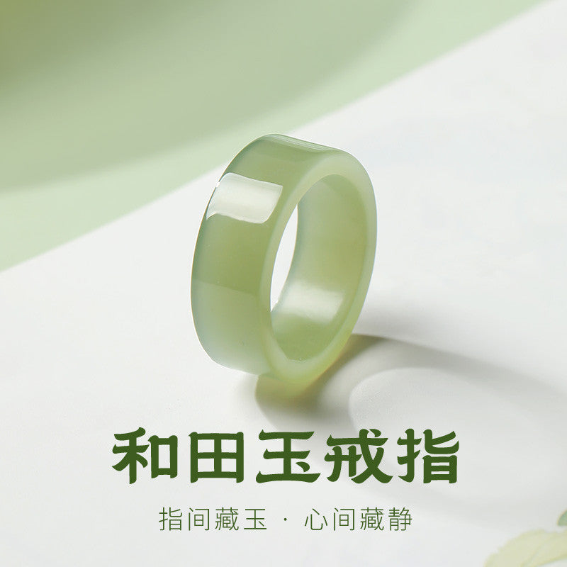 Straight-cut Square Icy Clear Water Light Cyan Hetian Jade Ring, Minimalist Premium Plain Ring, Festival Gift