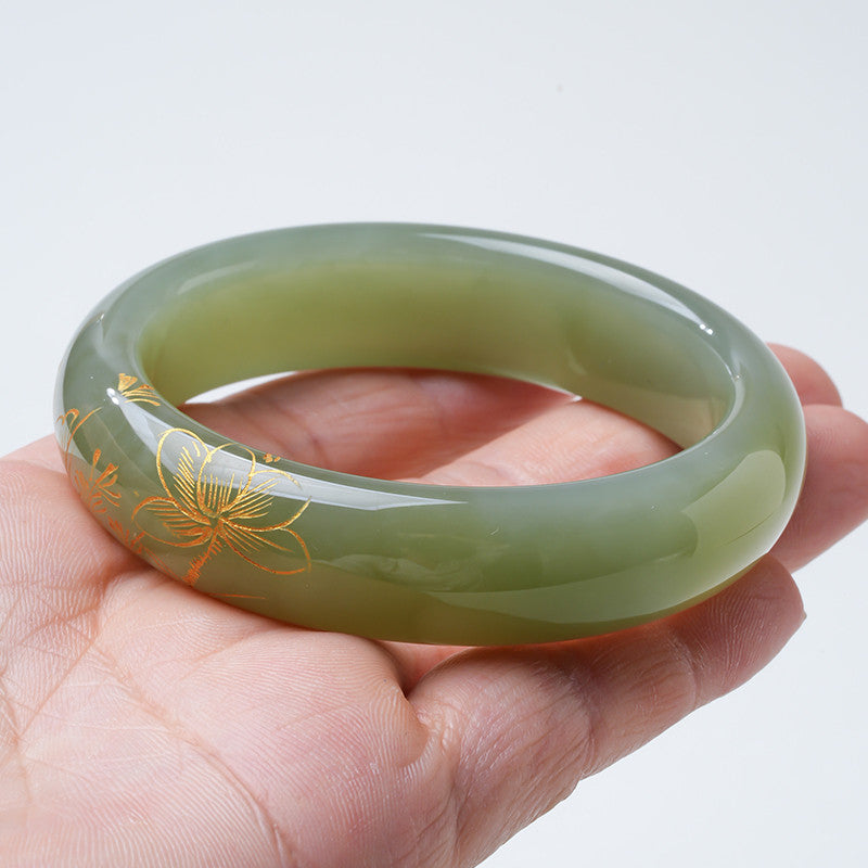 [Unique Piece] Women's Hetian Jade Bangle with Line Carving Craft, Gifts for Mom & Girlfriend, Multiple Styles Available