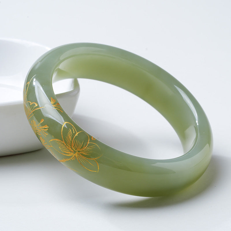 [Unique Piece] Women's Hetian Jade Bangle with Line Carving Craft, Gifts for Mom & Girlfriend, Multiple Styles Available