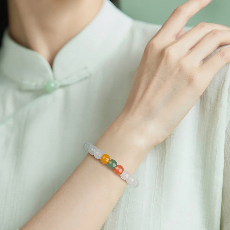 High-quality Warm White Hetian Jade Straight-cut Mixed Gem Single-row Bracelet