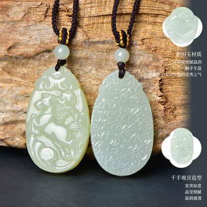 Exquisite Hetian Jade 12 Zodiac Pendant with Chinese Style Braided Cord, Birthday Gift, With Certificate & Collectible Value