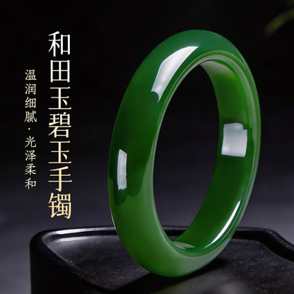 Collectible Grade Hetian Jasper Bangle, Oily Spinach Green Wide Band Women Jade Bracelet