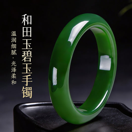 Collectible Grade Hetian Jasper Bangle, Oily Spinach Green Wide Band Women Jade Bracelet