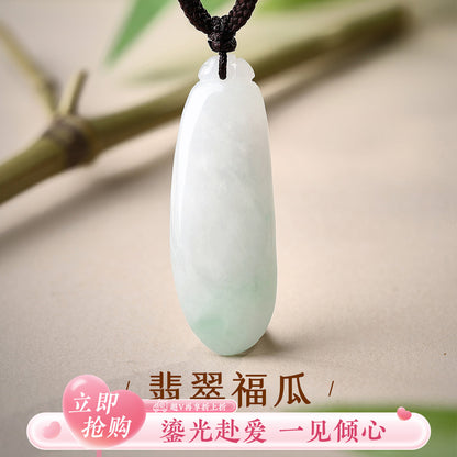 Pure Elegance Series Emerald Melon Pendant with Braided Cord, Auspicious Ruyi Jade Charm, Premium Gift, With Certificate & Collectible Value