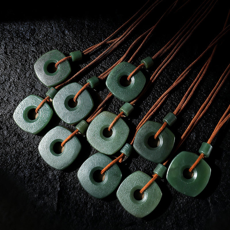 Chinese Retro Style Hetian Green Jade Square Plaque & Peace Buckle Pendant, Festival Gift