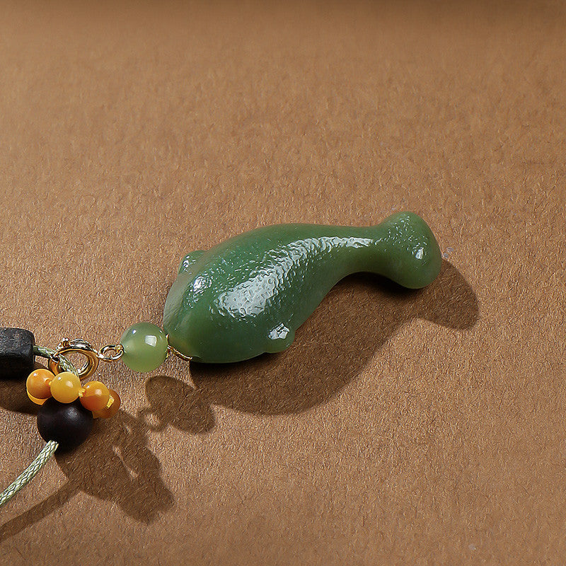 Swim Like Fish in Water｜Yellow-Cyan Hetian Jade Fish Pendant Unisex, With Cord & Certificate